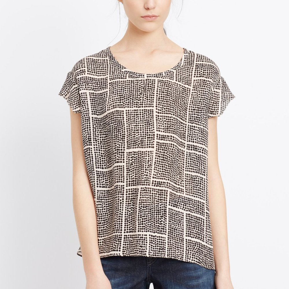 VINCE 100% Silk Dot Grid Top Buff Pale Pink Black Geometric Print Short Sleeve S